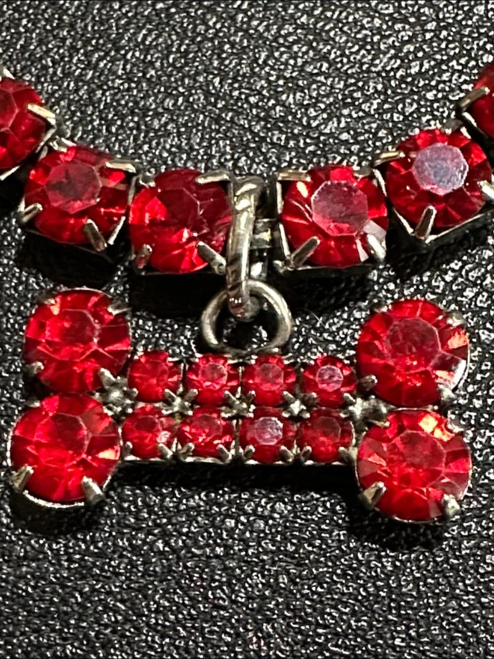 Red Rhinestone Silver Tone Small Dog Collar With Dangling Red Charm